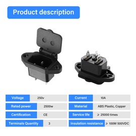 PNGKNYOCN C14 Panel Mount Plug，AC 250V 10A IEC 320 C14 Inlet Module Plug Power Connector Socket with Spring Cover（6-Pack）