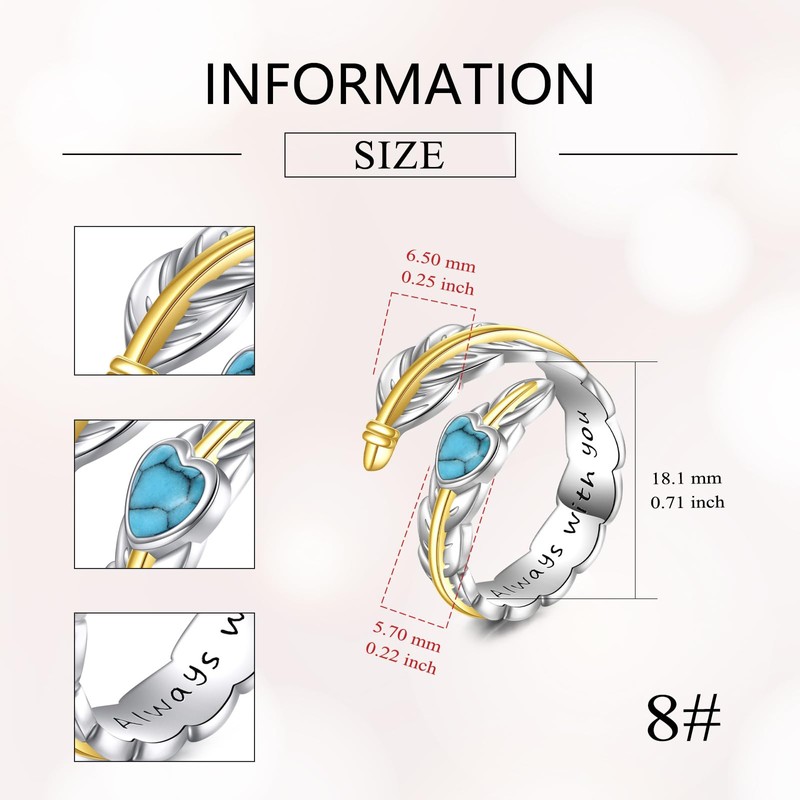 ZPMMPZ Feather Ring 925 Sterling Silver Turquoise Ring Adjustable Open