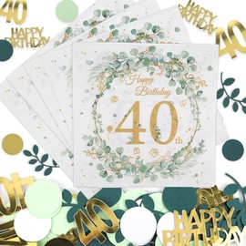 40th Birthday Napkins, Pack of 40 Happy Birthday with Confetti, Eucalyptus Party Decoration for Women Men, Table Decoration