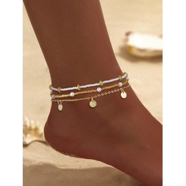 Coshilta Bead Ankle Bracelets Set For Women,14k Gold Boho Bead Adjustable Anklet Layered lightweight Hawaiian Beach Pearl Anklet Summer Beach Jewelry Gift