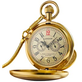 VIGOROSO Gold Mechanical Pocket Watches for Men with Chain Vintage Men's Pocket Watch for Women Wind Up Pocketwatch No Battery Arabic Retro Birthday Wedding Retirement Christmas Gifts for Men Women