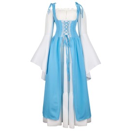 Kranchungel Renaissance Dresses for Women Costume Medieval Irish Over Dress Peasant Fairy Renaissance Dress Ball Gown Light Blue Large