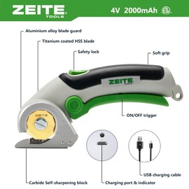 ZEITE 4V Cordless Scissors,Electric Cardboard Box Cutter with Titanium Coated HSS Blades,Rotary Cutter with Safety Lock for Leather Carpet Fabric Cutting,Sewing,Crafting,Storage Case