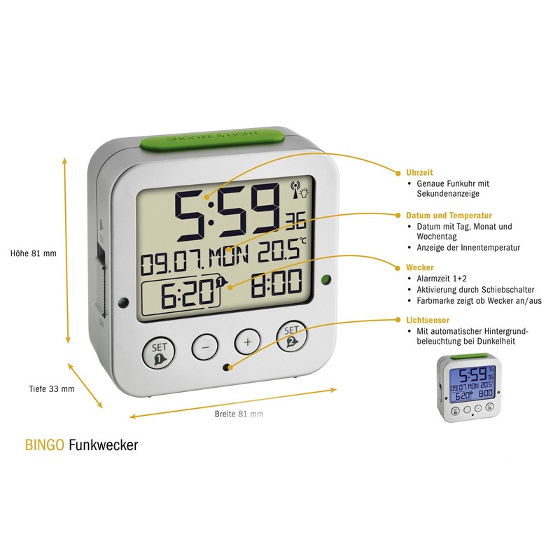 TFA Dostmann 60.2528.01 Bingo Radio-Controlled Alarm Clock