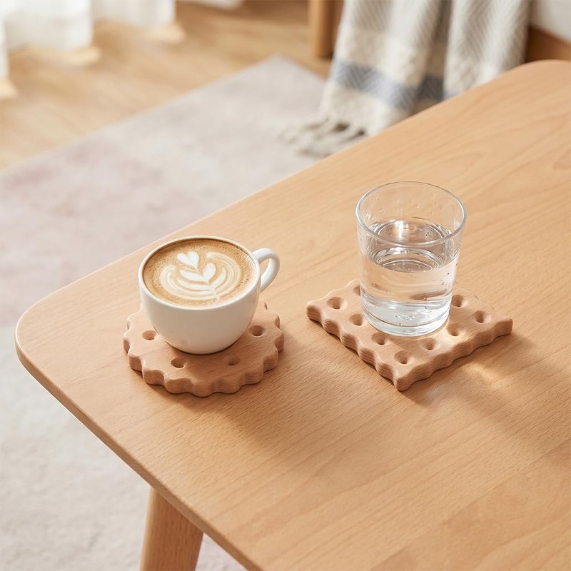Wooden Biscuit-Shaped Coasters, Round and Square Cookie Style, Beechwood, 3.5