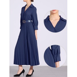 Allegra K Elegant Pleated Dress for Women's 3/4 Sleeves Empire Waist Belted Office Work Maxi Dress X-Large Dark Blue