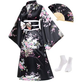 Japanese Anime Women's Long Kimono Robe Fancy Dress Hand Held Silk Folding Fans Tabi Socks Set Black