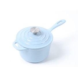 HAWOK Enameled Cast Iron Mini Saucepan, 1QT Saucepan with Lid and Long Handle, Blue