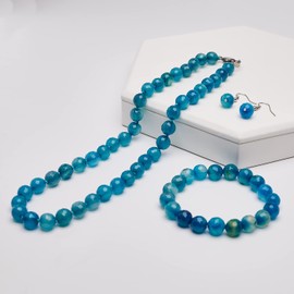 TreasureBay Womens Handmade Beaded Gemstone Necklace Bracelet Earrings Set - 10mm Natural Multicolour, Black, Green, Deep Rose Agate Necklace Set For Women (Blue)