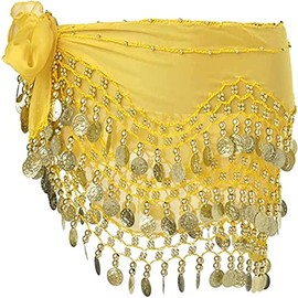 Women's Belly Dance Belt, Chiffon Hip Scarf, Dance Scarf with Coins for Belly Dance, yellow
