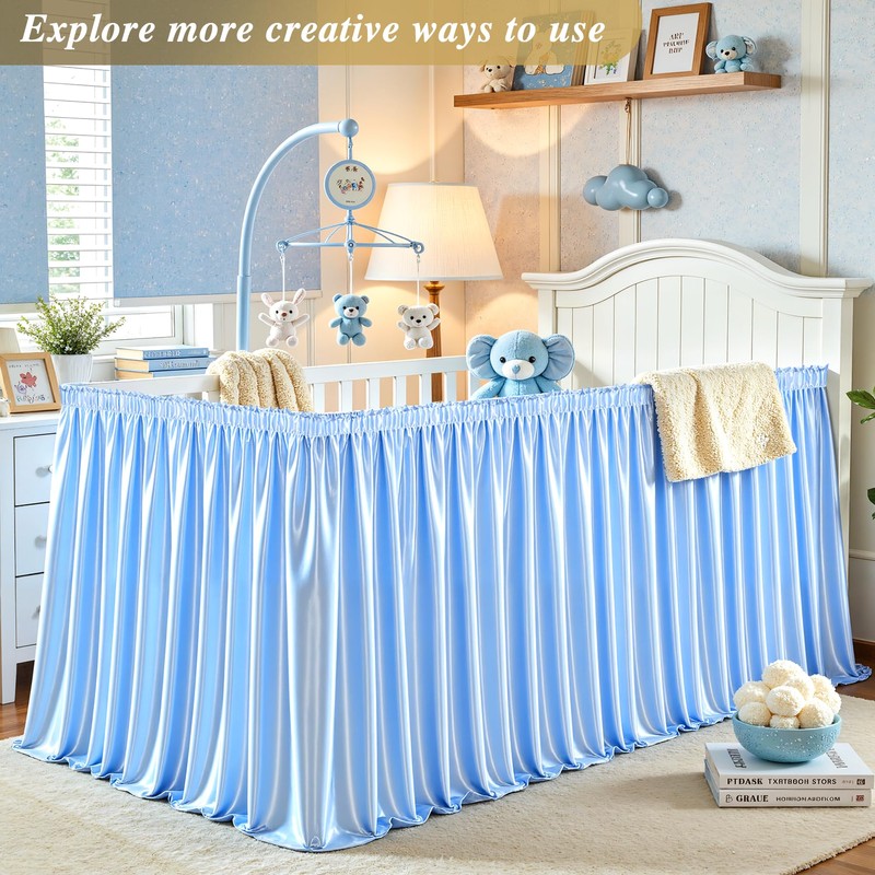 6Ft Baby Blue Satin Table Skirt for Rectangle or Round