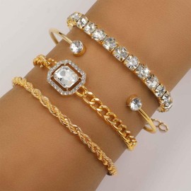 Xmsrn Vintage Layered Crystal Tennis Bracelet Rhinestone Bangle Bracelet Set Gold Chunky Cz Curb Chain Bracelet Crystal Square Bracelet Jewelry for Women and Girls （Gold）