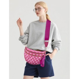 Checkered Crossbody Bum Bag for Women, Plus Size Water-resistant Nylon Roomy Fanny Packs Large Shoulder Belt Bag for Travel,Rose Red
