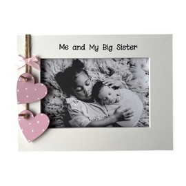 Me and My Big Sister Picture Frame for 6x4 Photo, Landscape, White Pink Wooden Hearts, Perspex Front, Handcrafted Gift for Siblings and New Baby