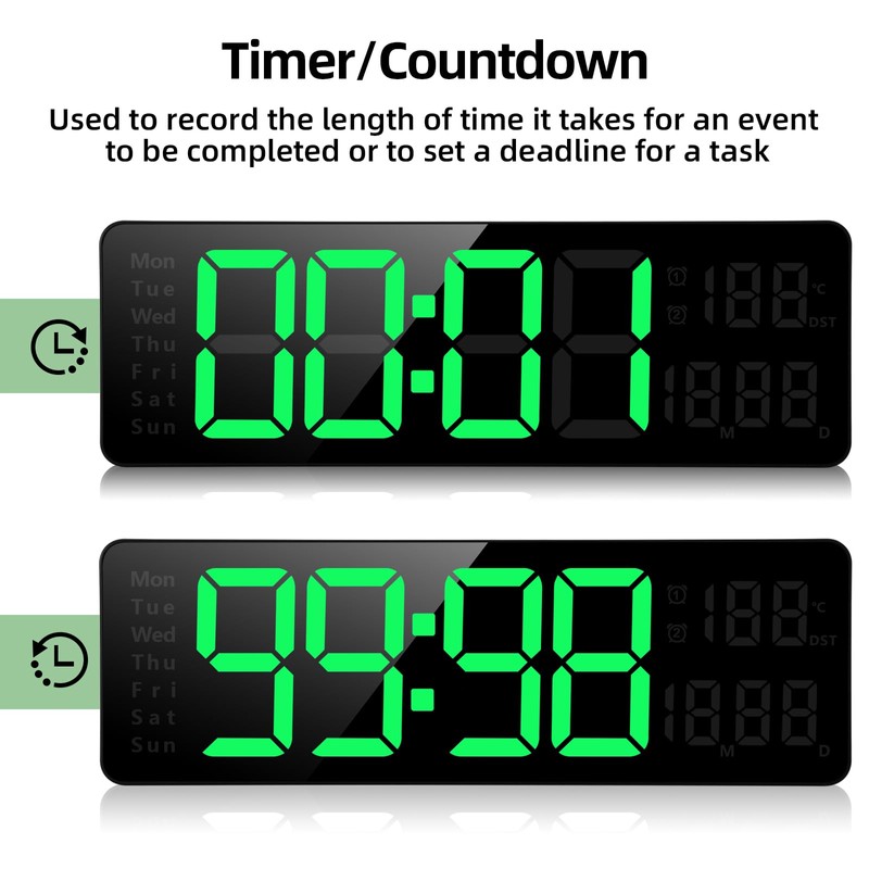 AnExer 13'' Digital Wall Clock Large Display, Big LED/Dual Alarm/Auto