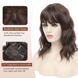 Megito 14inch Hair Toppers for Women Curly Short Hair Toppers Hair Pieces for Women with Bangs 7"x7" Large Base Synthetic Hair Toppers for Women with Thinning Hair Chocolate Brown