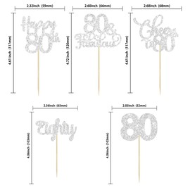 Paquete de 30 adornos para magdalenas de feliz cumpleaños 80 cumpleaños con purpurina plateada de ochenta saludos a 80 años de edad, para decoraciones de pasteles de feliz cumpleaños 80 aniversario