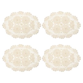 sourcing map 4 Pcs 18x12 Inch Handmade Crochet Doilies, Polyester Cotton Table Placemats Table Crochet Placemats for Dining Table Kitchen Parties, Beige