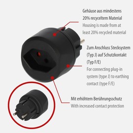 Brennenstuhl Reisestecker/Reiseadapter (Reise-Steckdosenadapter zum Anschluss elektrischer Geräte mit Schweizer Stecksystem in Ländern mit Schutzkontakt Stecksystem) schwarz
