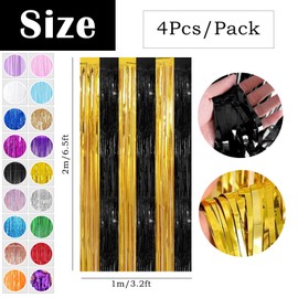Black and Gold Tinsel Curtain Party Backdrop,4pcs 3.2ft x 6.5ft Black and Gold Backdrop,Graduation Decorations Foil Fringe Streamers Door Hanging Foil Flow Silk Streamers for Birthday Wedding Party