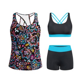 Tempt Me Colorful Paisley 3 Piece Tankini Swimsuits for Women Athletic Bathing Suits Swim Tank Top with Boy Shorts and Bra Modest Swimwear S