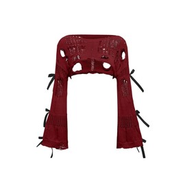 BEAUDRM Women's Hollow Out Ripped Bow Sweater Bell Long Sleeve Cropped Crochet Shrug Burgundy Medium