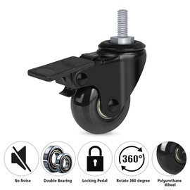 Hirate Threaded Stem Casters 5/16" with Brake, Set of 4 Heavy Duty 2" Swivel Caster Wheels with Safety Locking for Workbench Trolley Carts with Furniture Screw Inserts