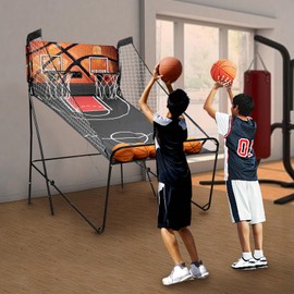 HinLIaDa Foldable Basketball Arcade Game, 8 Game Options Double Shot 2Player w/ 5 Balls Inflation Pump and LED Scoring System Indoor Basketball Game for Kids, Adults