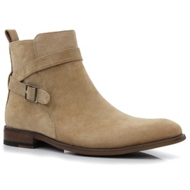 Polar Fox Derrick MPX806077 Memory Foam Classic Chelsea Boots with Strap and Buckle, 10.5, Beige (Suede)