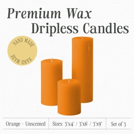 Mister Candle Unscented Dripless Pillar Candles Set of 3, Hand Poured 3 Inch Candles, Premium Wax, Decorative Pillar Candles, (3" x 4", 3" x 6", and 3" x 9", Orange)