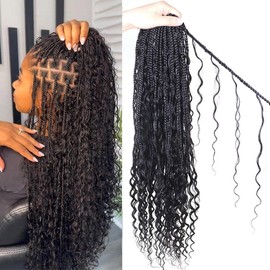 Boho Crochet Braids, Human Braiding hair, Crochet Hair for Black Women, Knotless Pre-Looped Box Braids, Boho Curls 18, 24, 30 inch, #27#30 (Natural Black, 24 inch 1 pack (40 strands))