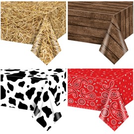 Hegbolke 4 Pack Western Party Tablecloths, 51x86 Straw Tablecover, Wood Grain Tablecloth, Cow Tablecloth, Paisley Bandana Table Cover for Western Themed Party Kids Birthday Party Decorations