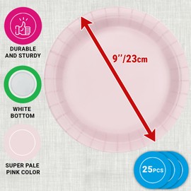CUSINIUM 25 Pack, 9-Inch Pale Pink Dinner Paper Plates - Pastel Light Pink Paper Plates - Perfect for Baby Shower, Birthday Parties & Appetizer Presentation