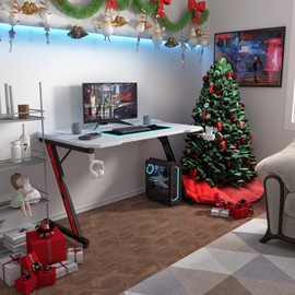 Homall Gaming Computer Desk with Carbon Fiber Surface, Gaming Table Z Shaped Pc Home Office with Cup Holder&Headphone Hook(44 in, White)