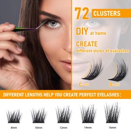 BQ Lash Individual Eyelashes, 72 Clusters, Coloured Eyelashes, Individual at Home Cluster Lashes, B21, B01, B02, Black Eyelashes for DIY Eyelash Extensions, DIY Eyelashes (B21, D - 16 mm)