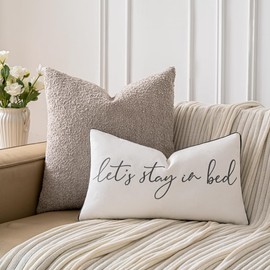 Sanmetex Decorative Lumbar Pillow Covers 12x20 Inches, Embroidered Accent Rectangle Pillow Case with Let's Stay in Bed Quote for Sleep, Bed, Bedroom, Home Decor.