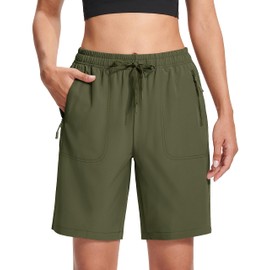 MAGCOMSEN Womens Athletic Shorts Quick Dry Lightweight Hiking Shorts 8 Inch Golf Running Outdoor Shorts Army Green M