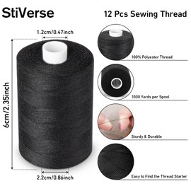 StiVerse Thread for Sewing, 12 Black Sewing Thread Polyester Thread 1000 Yard Per Spool All Purpose Sewing Thread Assortment Black Thread for Hand Sewing/Hand Quilting/Sewing Machines