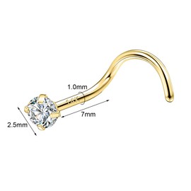 SYLWIA 14K Solid Gold Nose Studs Rings 18g, Moissanite Corkscrew L Shaped Nose Rings, Hypoallergenic 18 Gauge Nose Ring Piercing for Women Wen Gifts - 2mm 2.5mm 3mm Moissanite