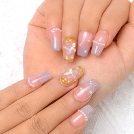 Sethexy French Butterfly Handmade Fake Nail Pearl Glitter Medium Coffin Fake Nails Shiny False Nails Salon Durable Quality Nail for Women and Girls (V)