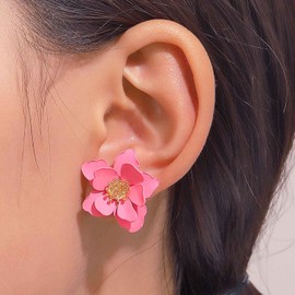 Cimenexe Bohemian Flower Stud Earrings Pink Flower Earrings Enamel Pink Petal Flower Earrings Large Acrylic Floral Petal Earrings Jewellery for Women and Girls Gifts, Zinc, No Gemstone