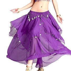 Women's Chiffon Belly Dance Costume Skirts Indian Dance Skirt with Coins (Purple)