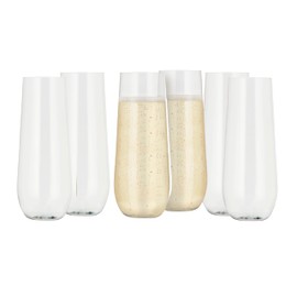 Oggi Unbreakable Champagne Flutes, Set 6 - Elegant Reusable Plastic Wine Cups, Stemless Wine Glass Flute Design, Shatterproof Plastic, Ideal for Indoor and Outdoor Use, Recyclable - 9oz / 265ml