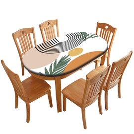 QUCDECIS Boho Oval Elastic Fitted Tablecloth, Arch Sun Beige Moon Elastic Edged Table Cover, for Kitchen Dining, Party, Holiday, Christmas, Buffet, Fits to 48" x 68" Oval Table