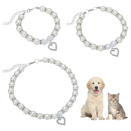 FINGERINSPIRE 3 Pcs Resin Imitation Pearl Beaded Pet Necklaces with Iron Rhinestone Heart Charms White Color Small Medium Large 3 Size with Extended Chain Pearl Beaded Collar Necklaces For Cat Dog