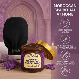 FERIHA Moroccan Black Soap with Lavender Essential Oil – Traditional Hammam Body Cleanser & Exfoliating Prep, 100% Natural Olive Paste (Made in Morocco)
