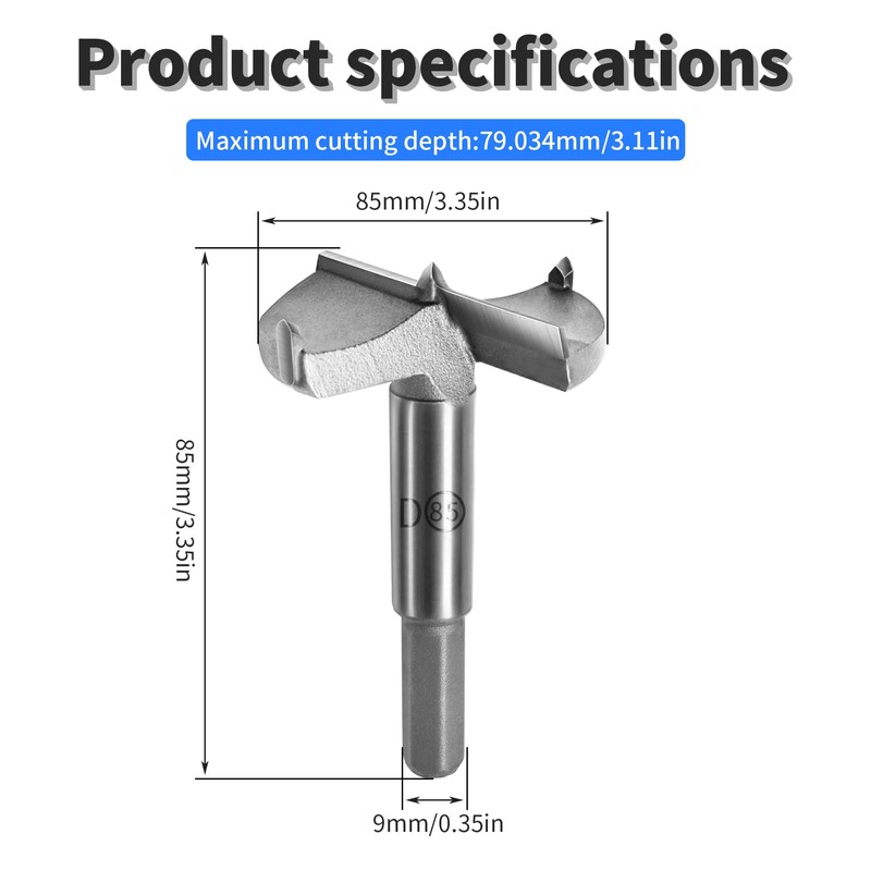 FOCMKEAS 85mm丨3.35 Inch Forstner Drill Bit with Hex Shank Double-Flute