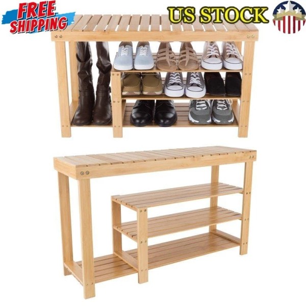 Unbranded 3-Tier Bamboo Shoe Rack Bench Entryway Organizer Natural Brown