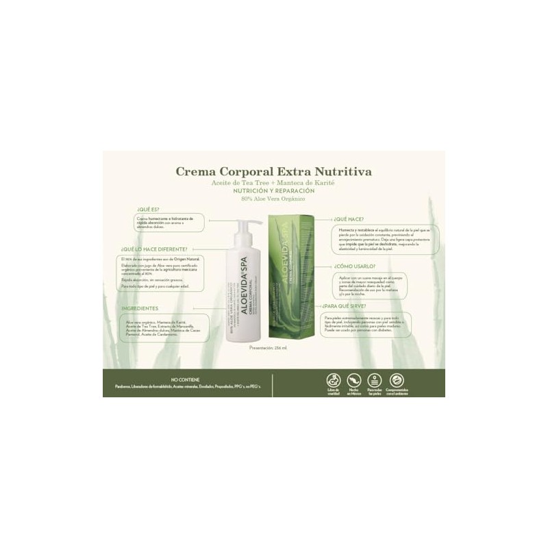 Aloevida Crema corporal extra nutritiva 80% Aloe vera orgánico +