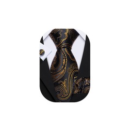 Barry.Wang Black and Gold Ties Paisley Necktie Set Wedding Formal Handkerchief Cufflinks